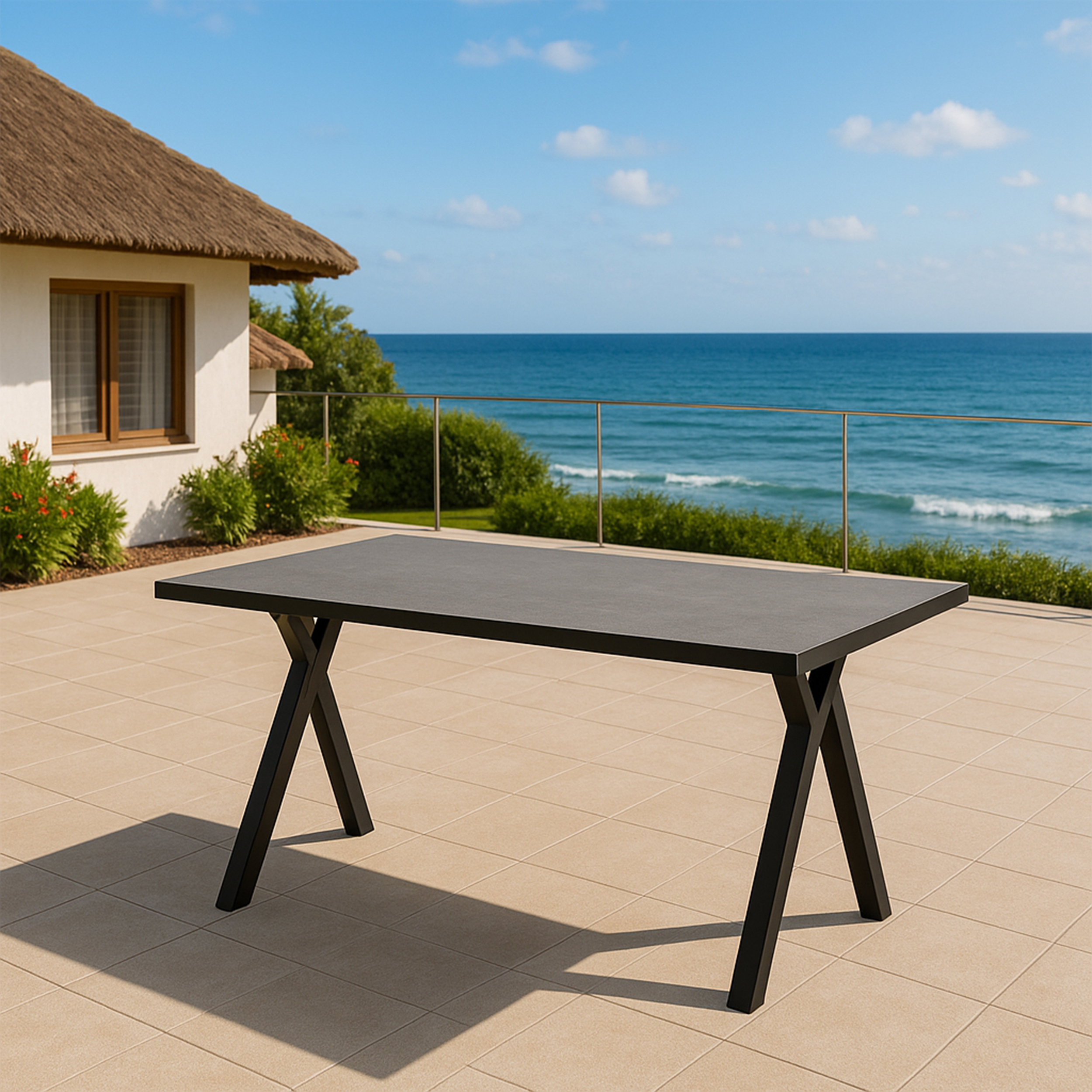 Ein grauer Tisch mit schwarzen Beinen auf einer gefliesten Terrasse am Meer.