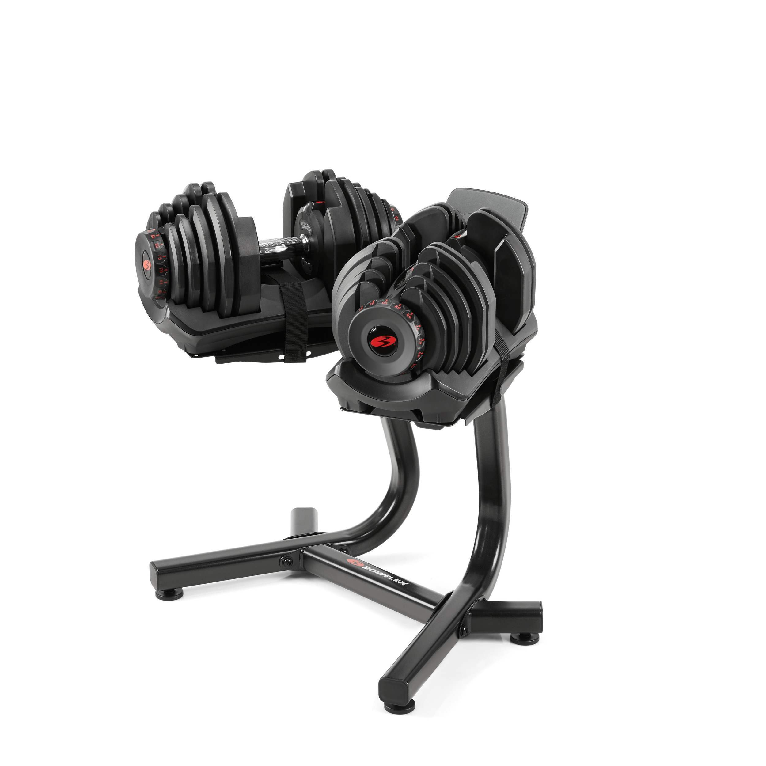 Two adjustable dumbbells on a black stand, white background.