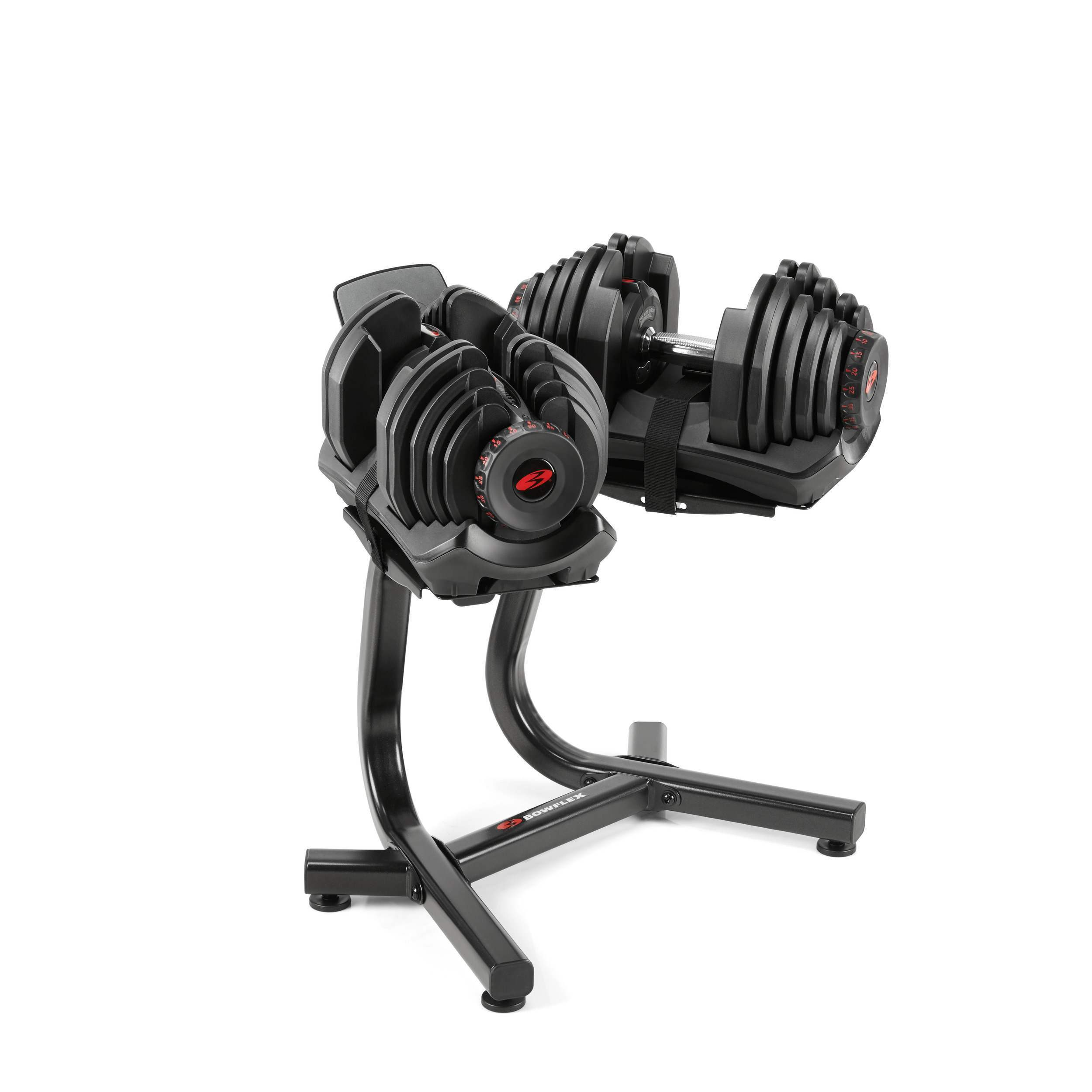 Black adjustable dumbbells on a stand with red weight markings.