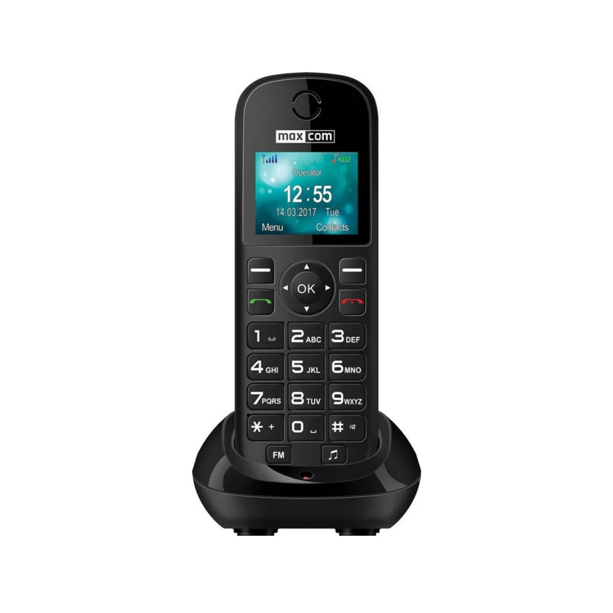 Telefono cordless nero Max Com con tastiera e schermo.