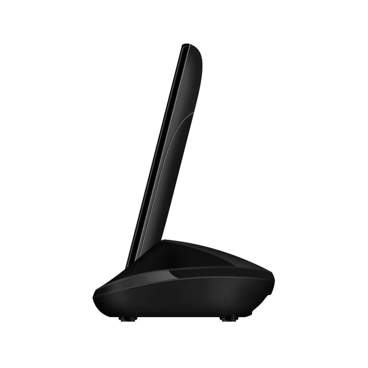 Un dispositivo nero ed elegante si erge sulla sua base, su sfondo bianco.