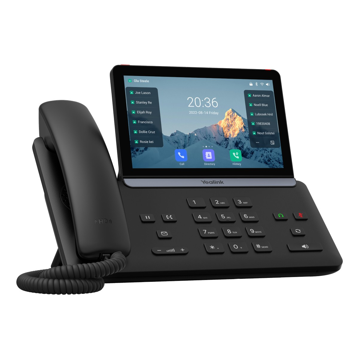 Un telefono da scrivania Yealink nero con touchscreen che mostra contatti e ora.