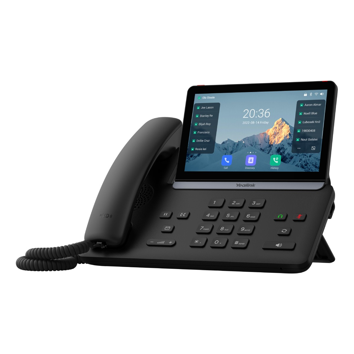 Un telefono Yealink nero con un ampio touchscreen che mostra contatti e ora.