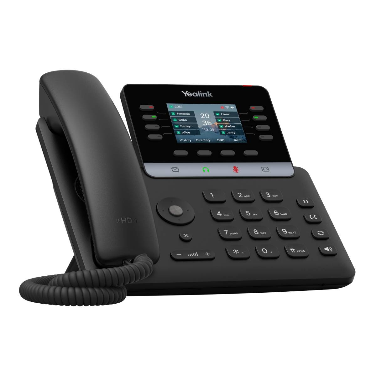 Un telefono da scrivania Yealink nero con schermo e tastiera illuminati.