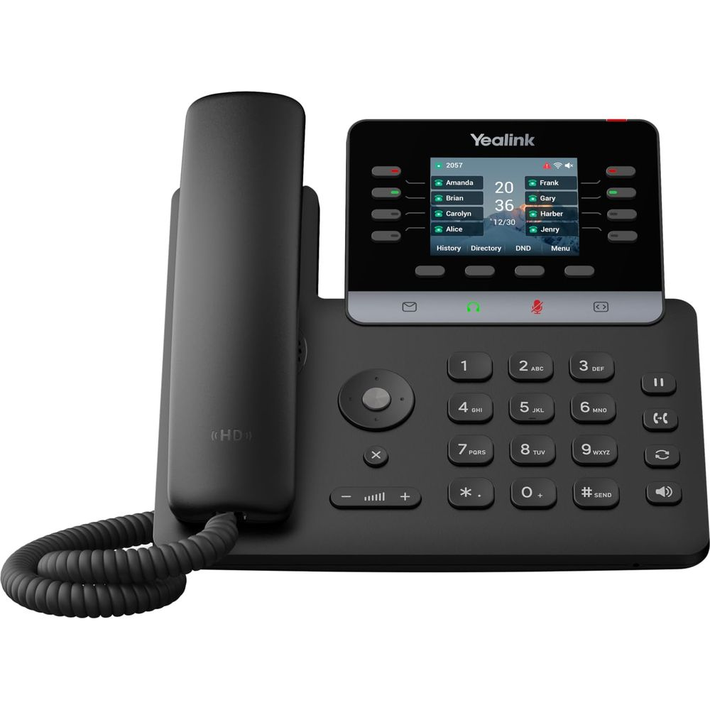 Un telefono da tavolo Yealink nero con display a colori, cornetta e tastiera.