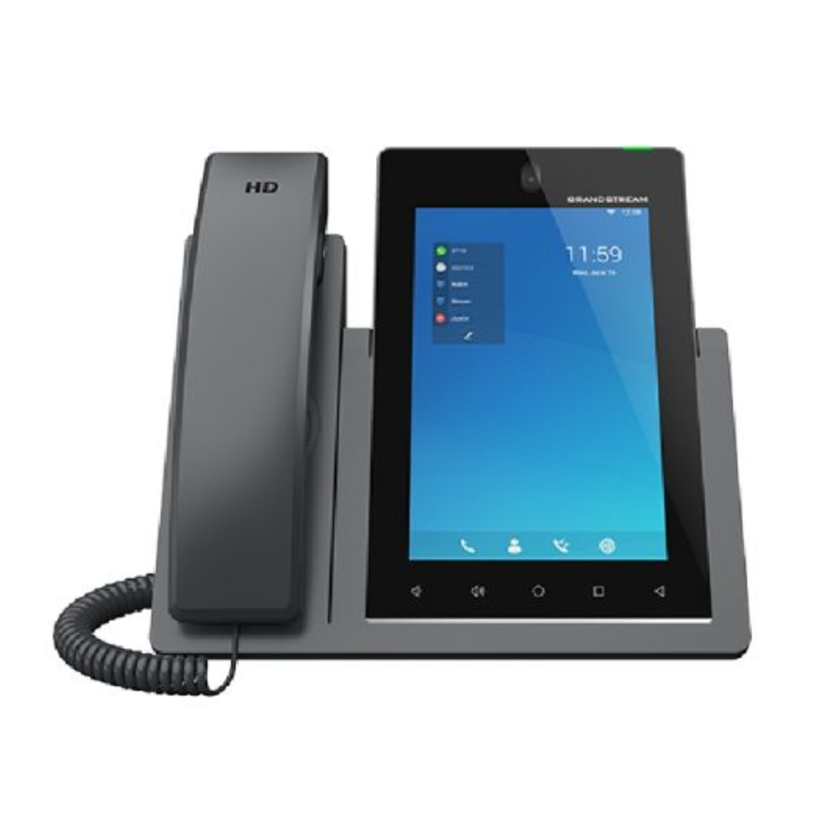 Un telefono da scrivania grigio con cornetta e display touchscreen.