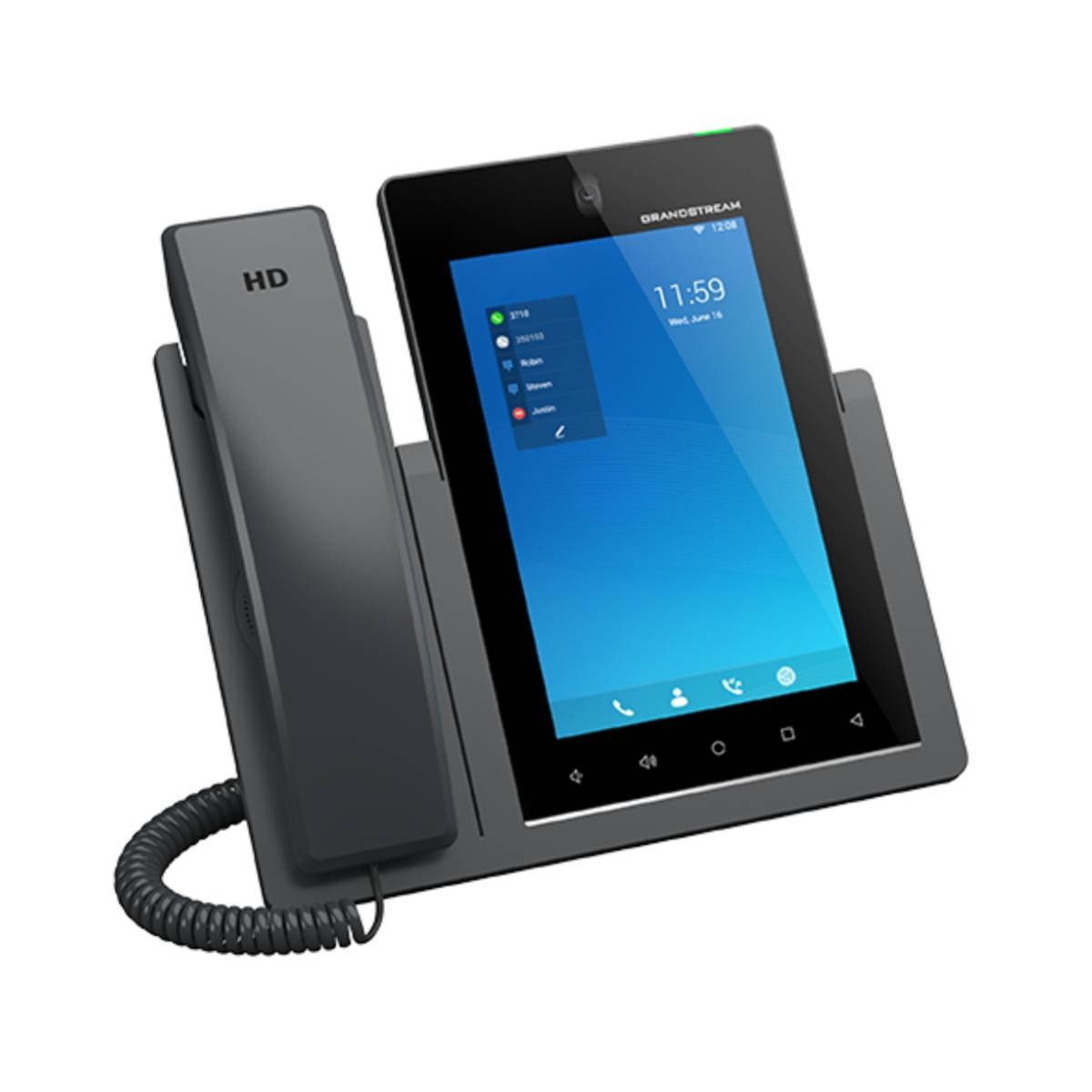 Un telefono da scrivania nero con cornetta e display touchscreen.