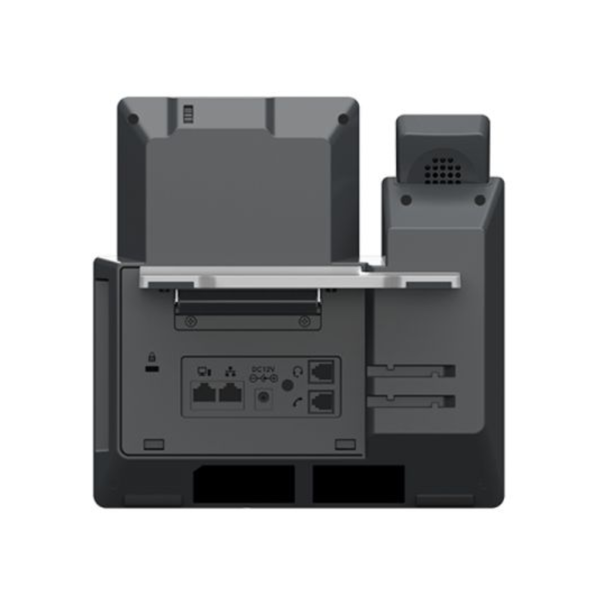 Vista posteriore di un telefono da ufficio grigio con porte: DC12V, Ethernet, cuffie.