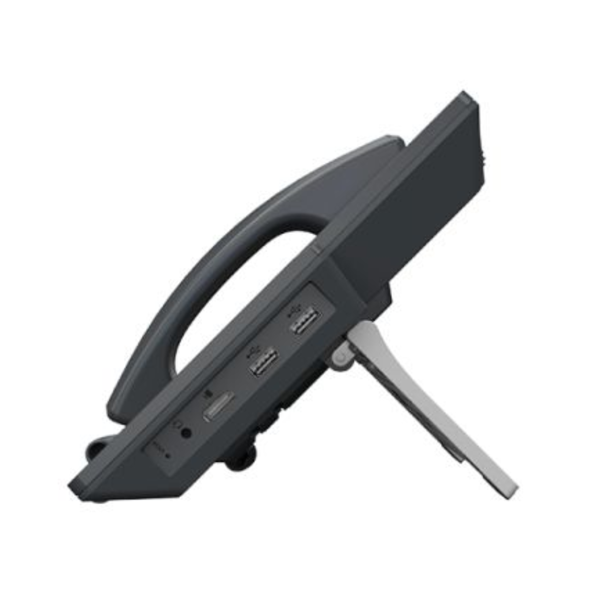 Dispositivo grigio scuro con manico, porte USB e cavalletto apribile.