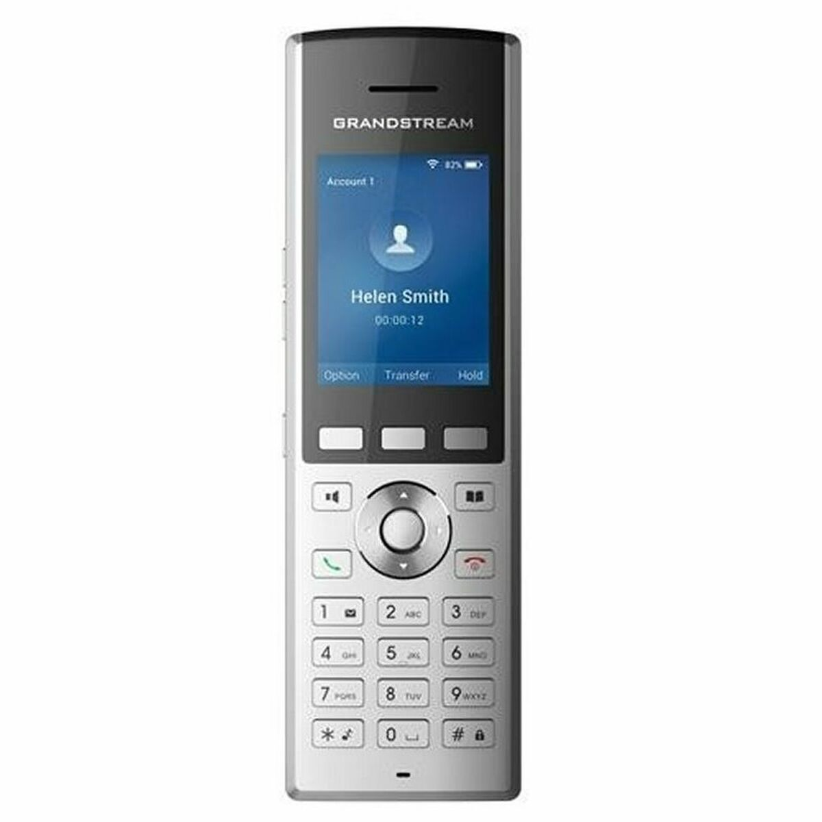 Un telefono Grandstream argentato mostra una chiamata da Helen Smith.