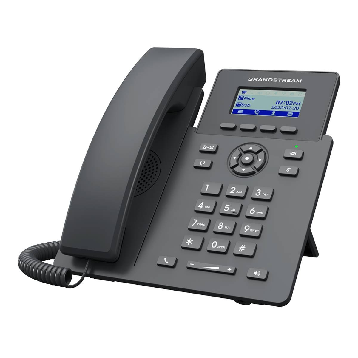Un telefono da scrivania Grandstream grigio con cornetta, tastiera e schermo LCD.