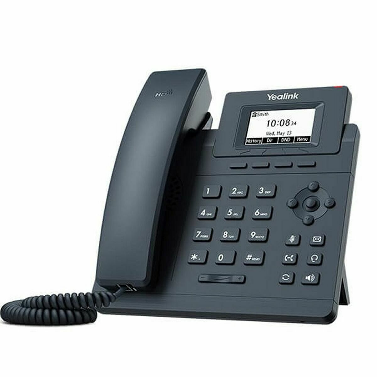 Işıklı ekranı ve tuş takımına sahip gri bir Yealink masa telefonu.