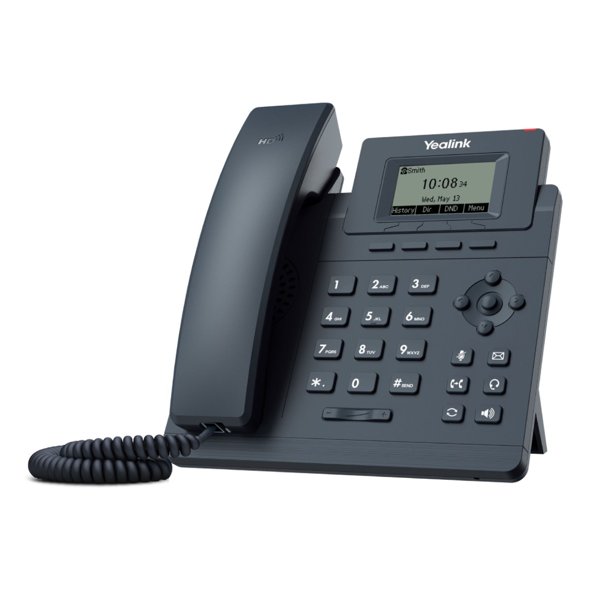 Ahize, ekran ve tuş takımına sahip gri bir Yealink masa telefonu. Tarih ve saat görünür.