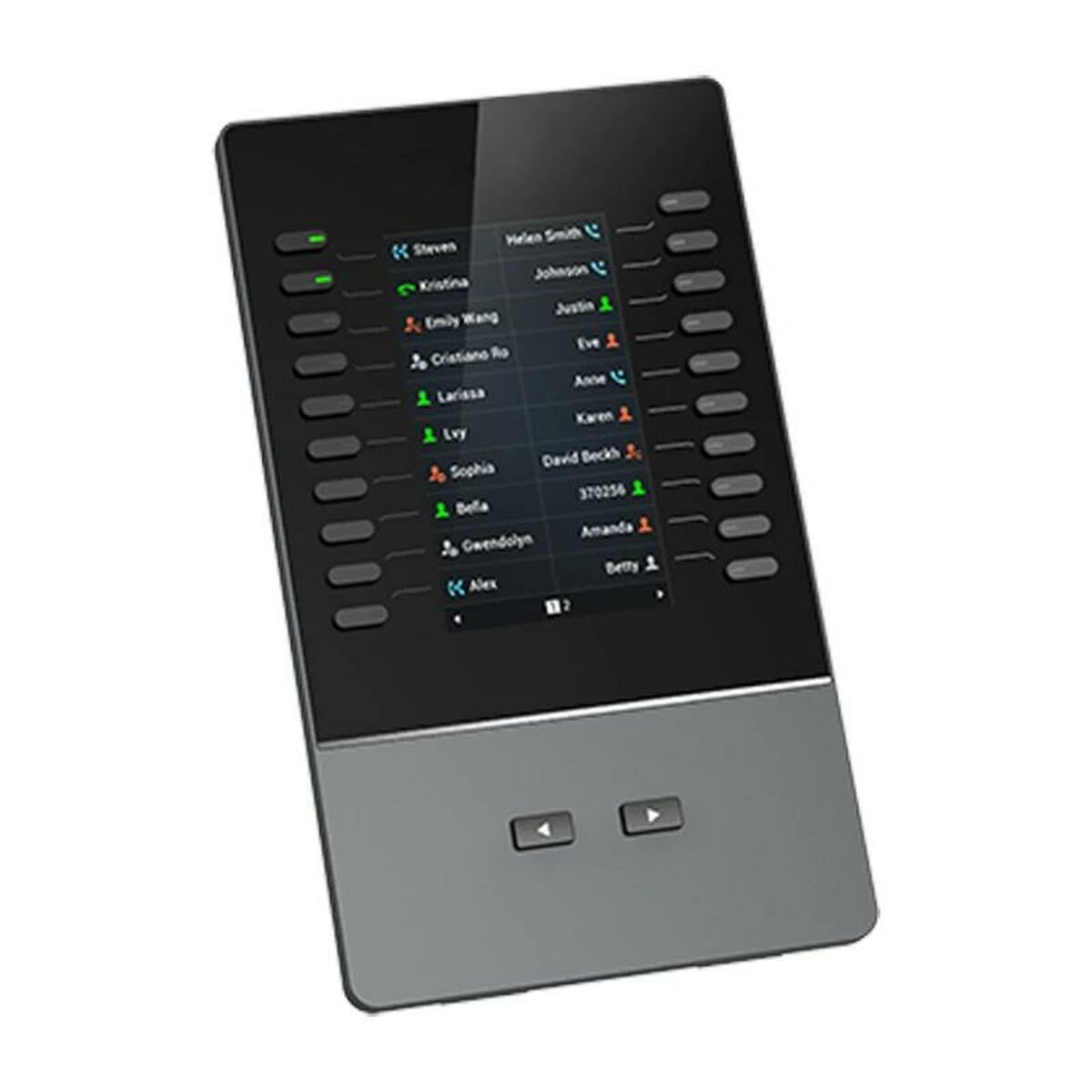 Un telefono da ufficio nero e grigio con schermo che mostra nomi e numeri.