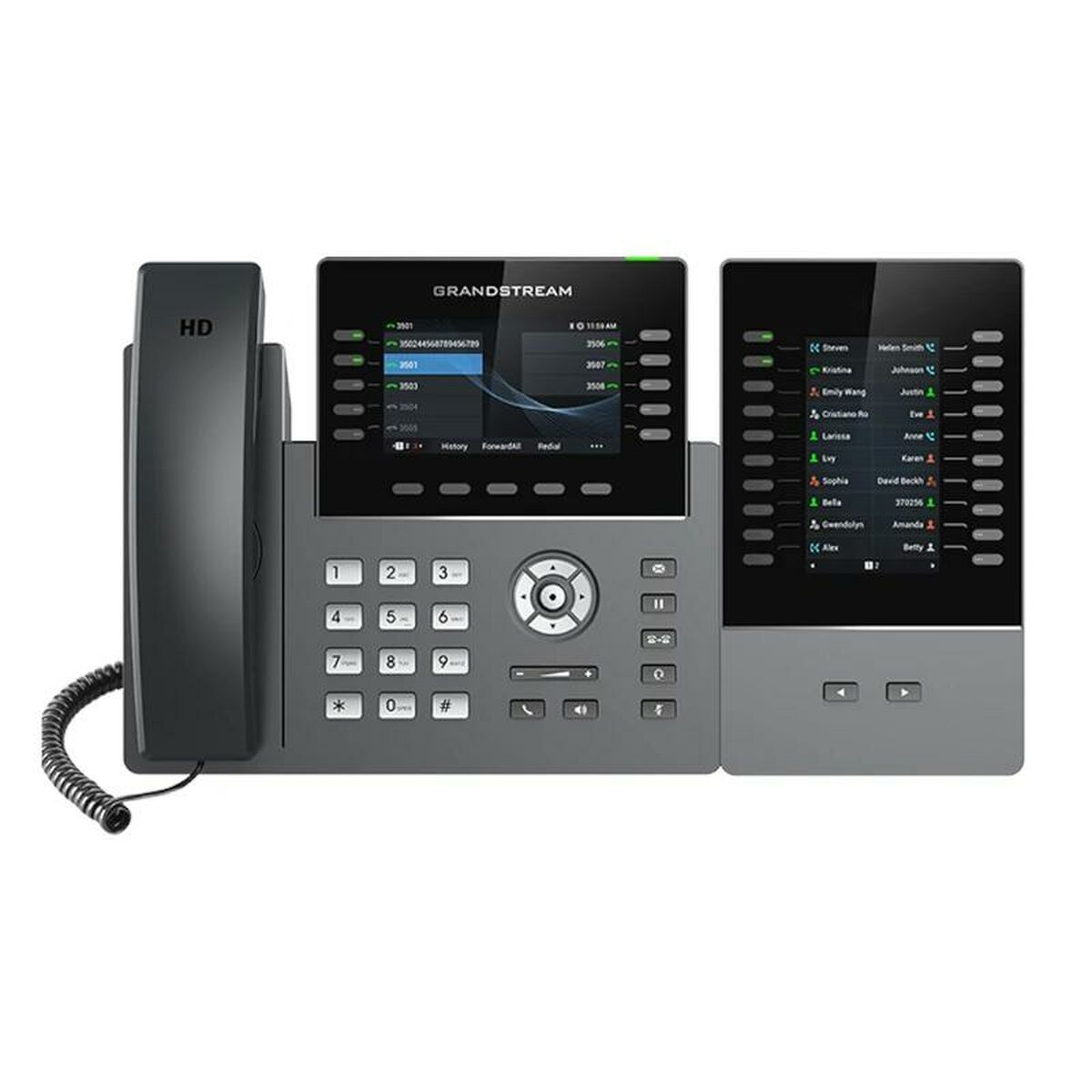 Un telefono da scrivania Grandstream HD con cornetta, schermo grande e tastiera.