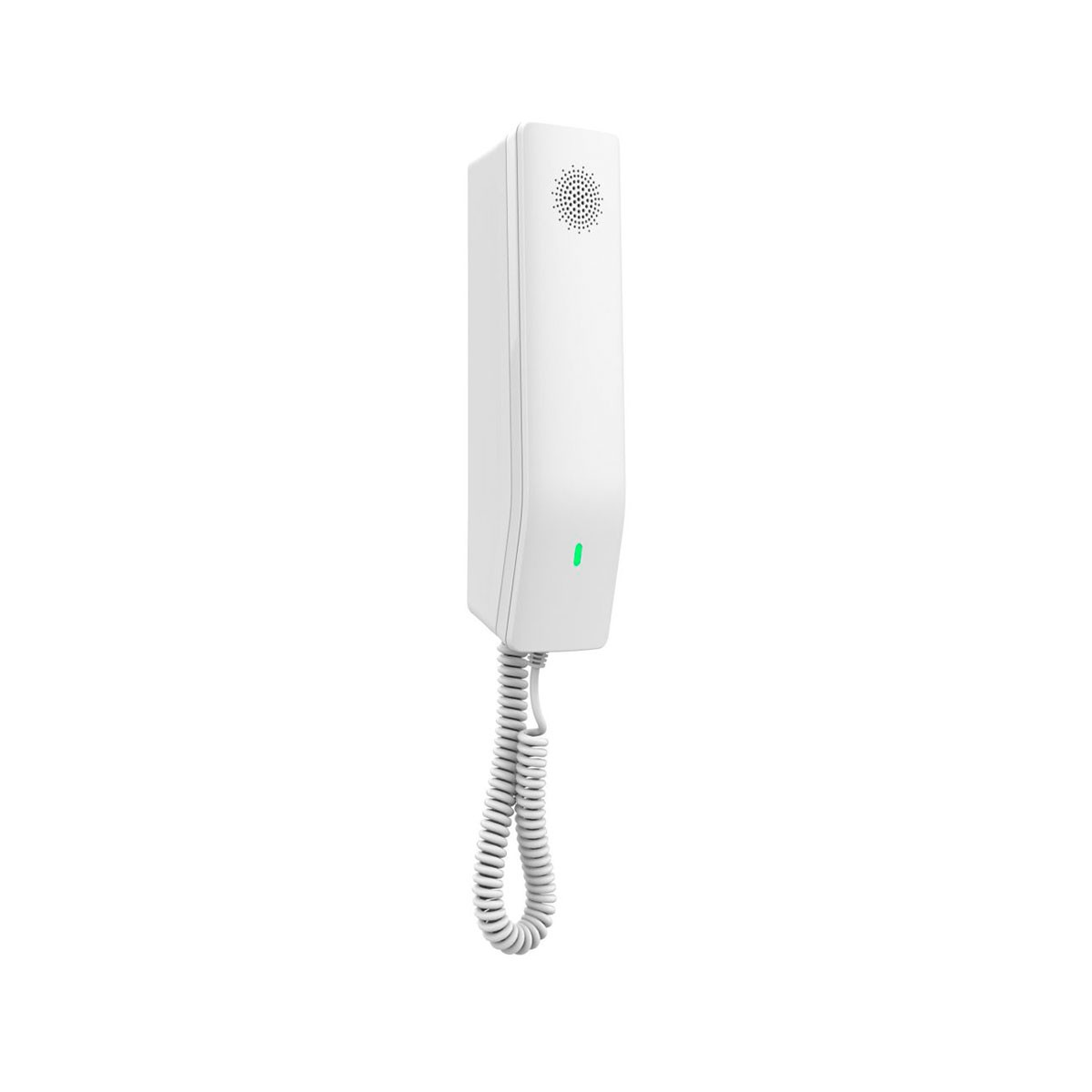 Un telefono bianco da parete con luce verde e cavo a spirale.