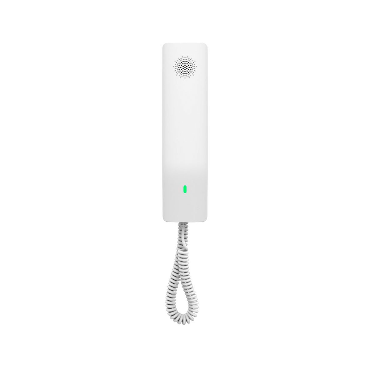 Un telefono cordless bianco con luce verde e cavo a spirale.