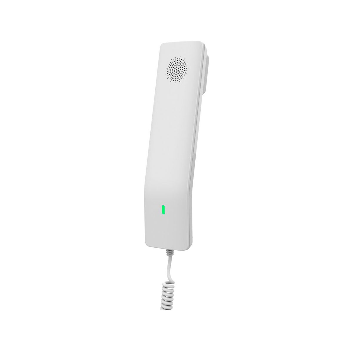 Un telefono da parete bianco con luce verde e cavo a spirale.
