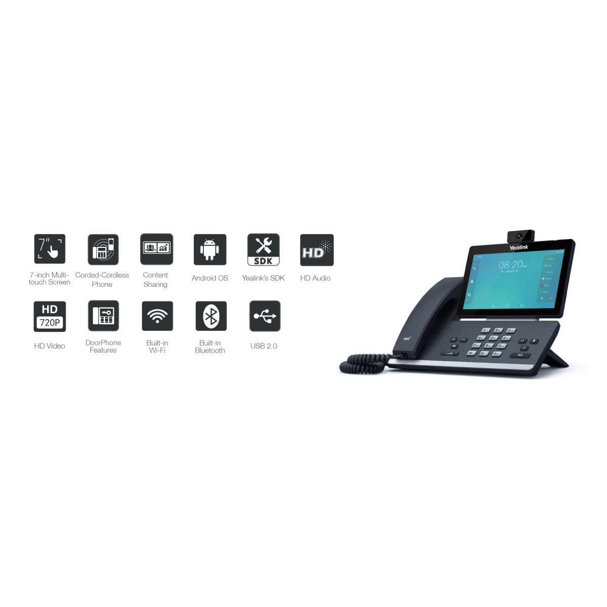 Un telefono per videoconferenze Yealink con touchscreen, fotocamera e tastiera.