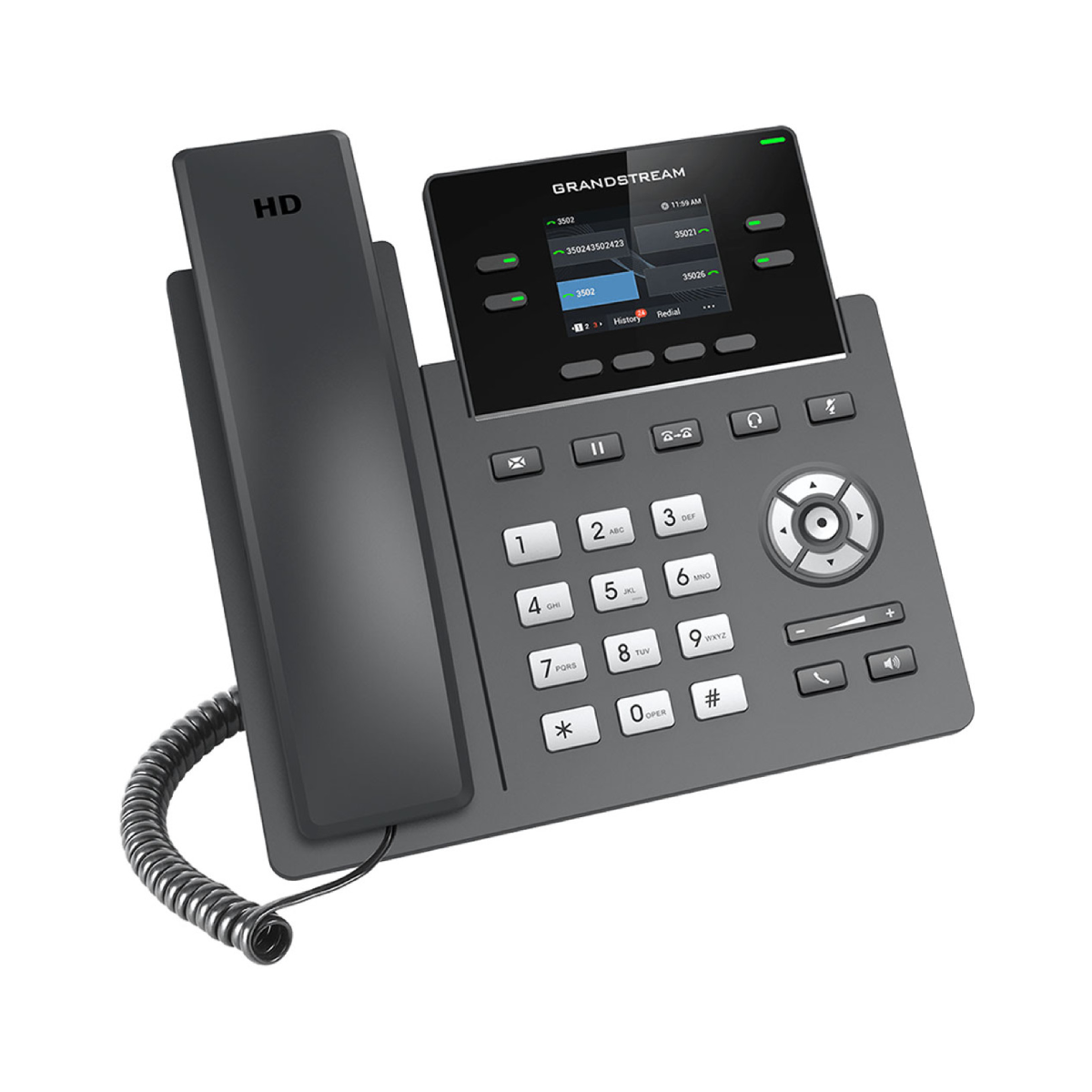 Telefono da scrivania grigio scuro con cornetta HD, schermo a colori e tastiera.