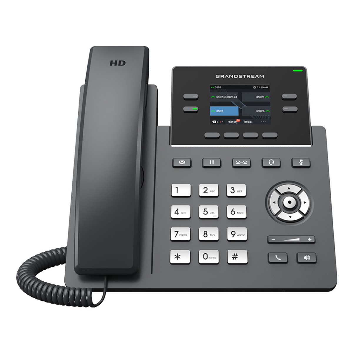 Un telefono Grandstream grigio con cornetta HD e display a colori.