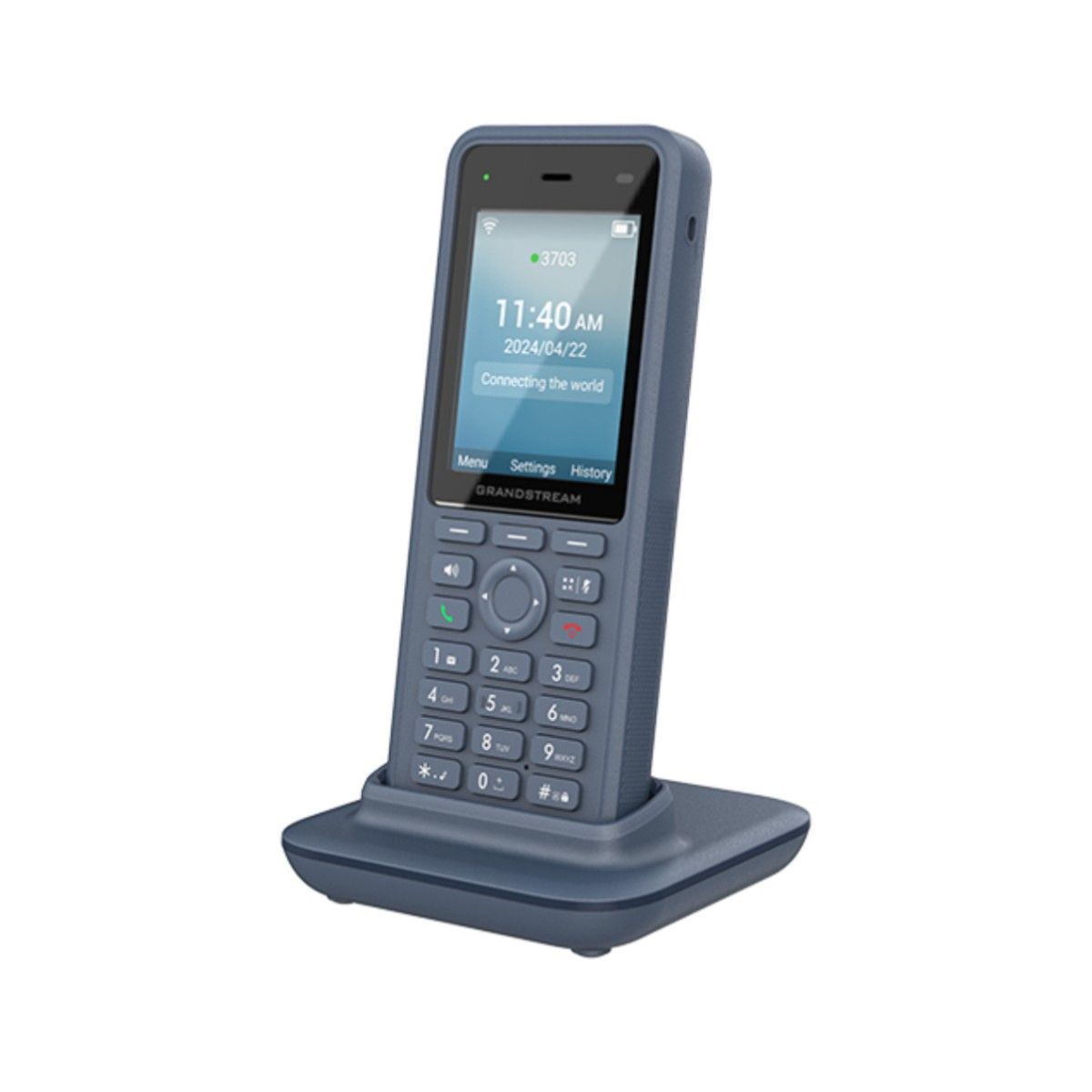 Un telefono cordless Grandstream blu con display digitale è sulla sua base di ricarica.
