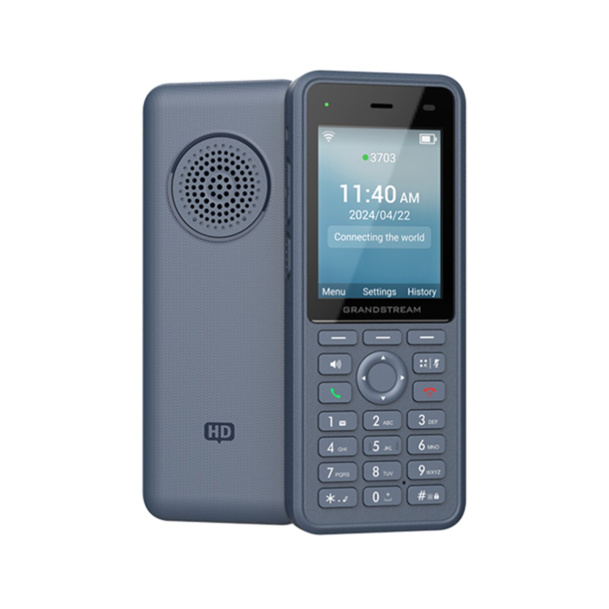 Telefono Grandstream blu con schermo che mostra ora, data e testo. Il retro mostra altoparlante e logo HD.
