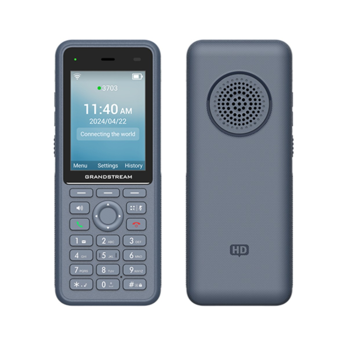 Due telefoni blu uno accanto all'altro, uno con schermo, l'altro con altoparlante.