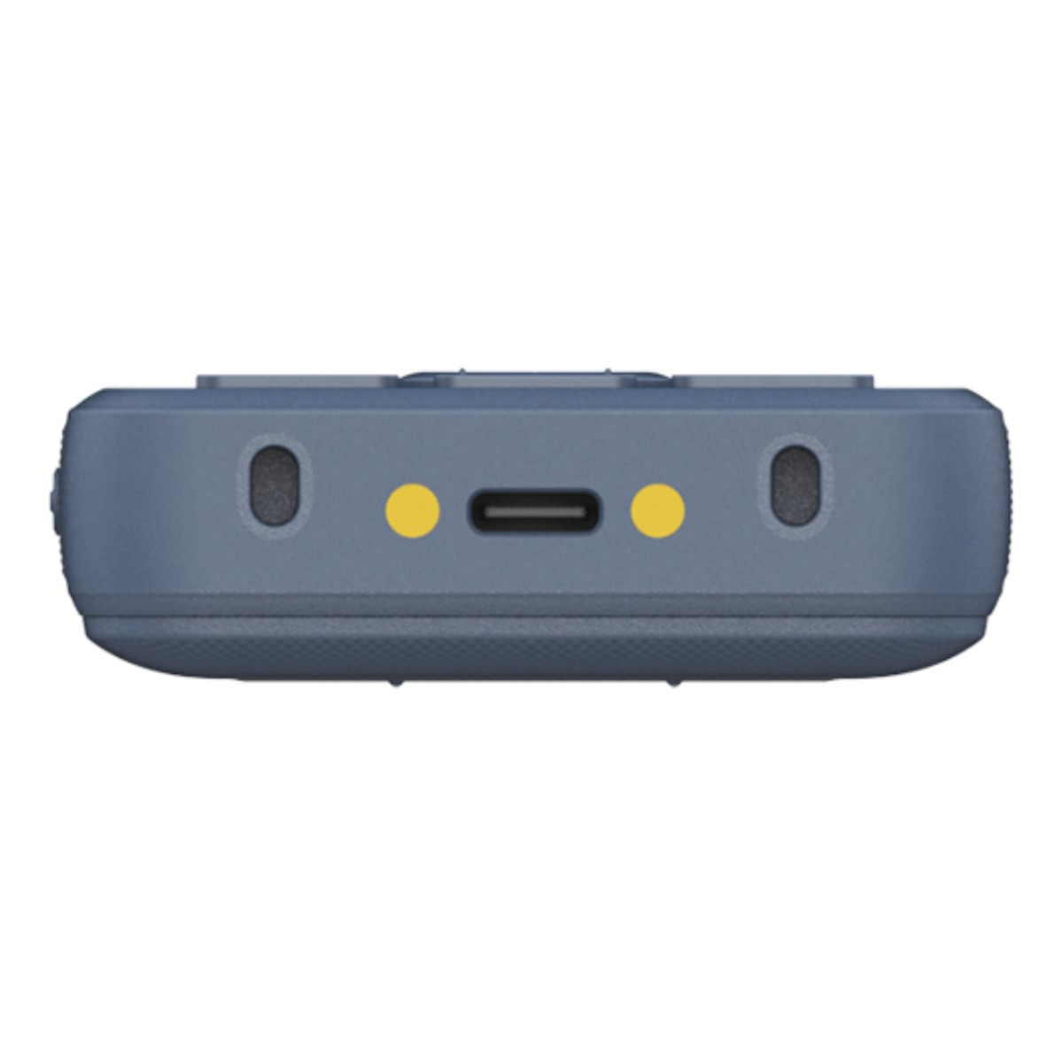 Un dispositivo blu con porta USB-C, due punti gialli e due fori.