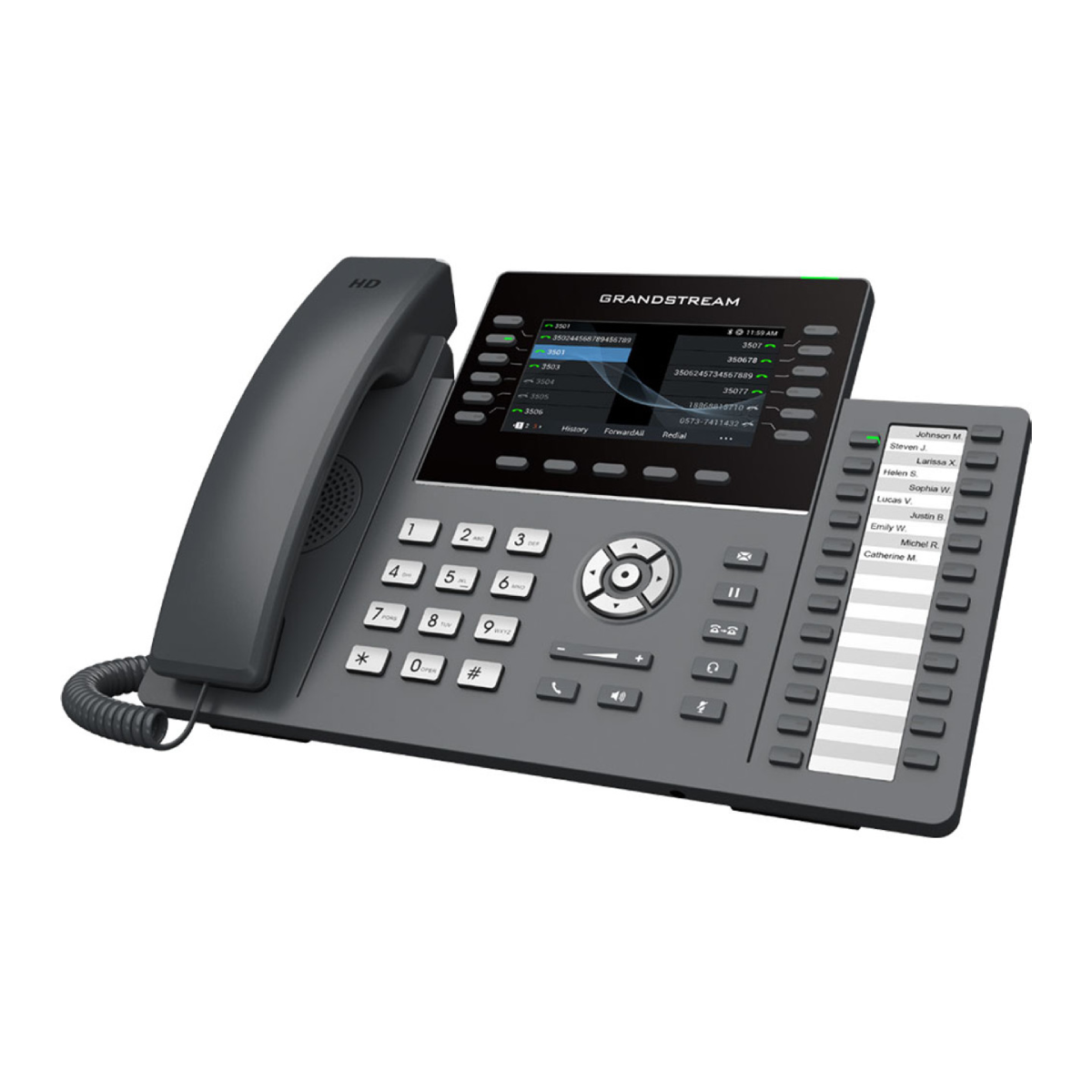 Un telefono da scrivania Grandstream grigio con cornetta, schermo grande e tastiera.