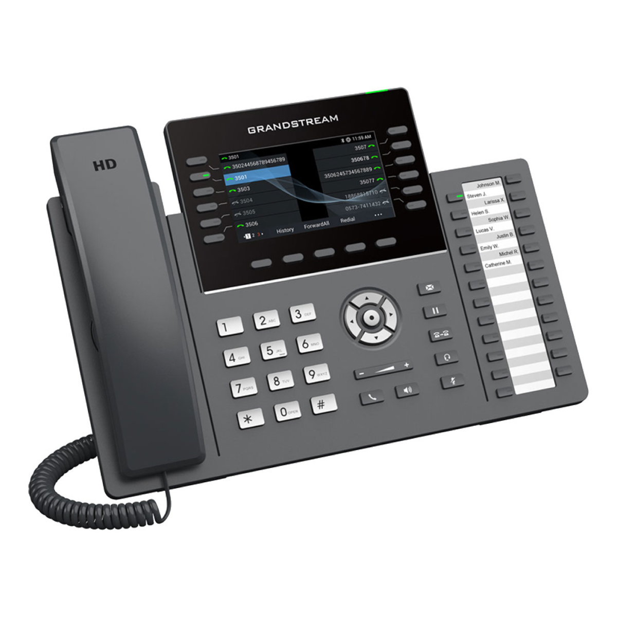 Un telefono da scrivania Grandstream grigio con cornetta HD, tastiera, schermo e rubrica.