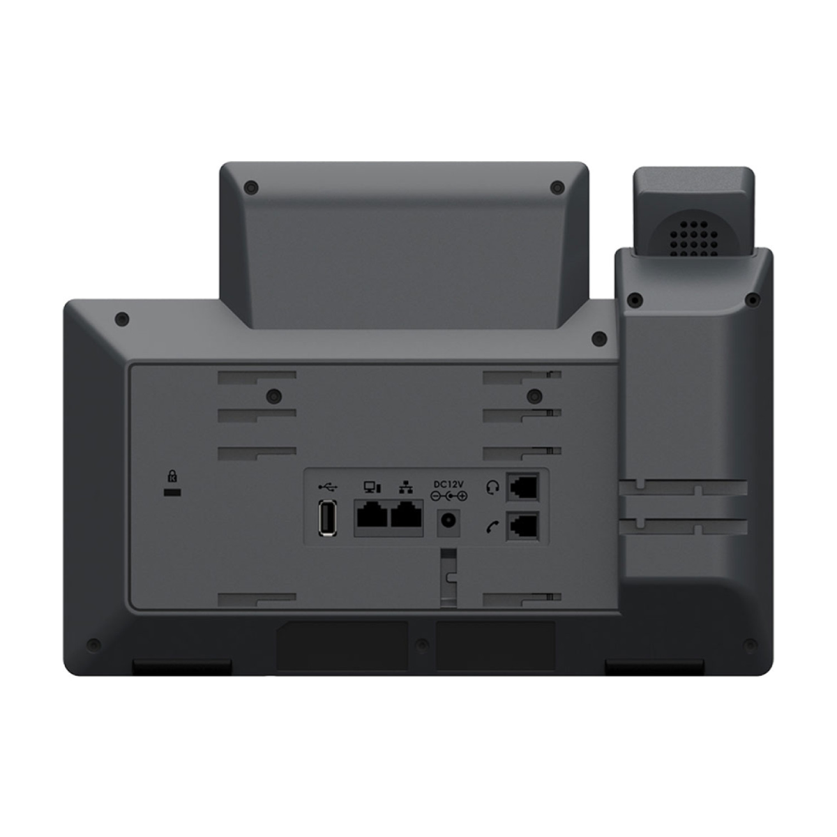 Vista posteriore di un telefono da scrivania grigio con porte: USB, rete, DC12V e cuffie.