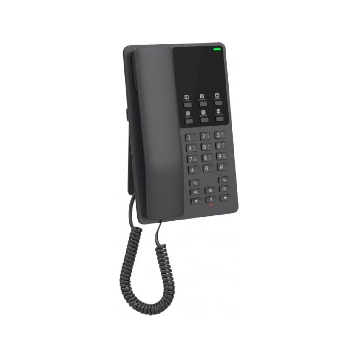 Un telefono da scrivania grigio scuro con cavo a spirale e spia verde.