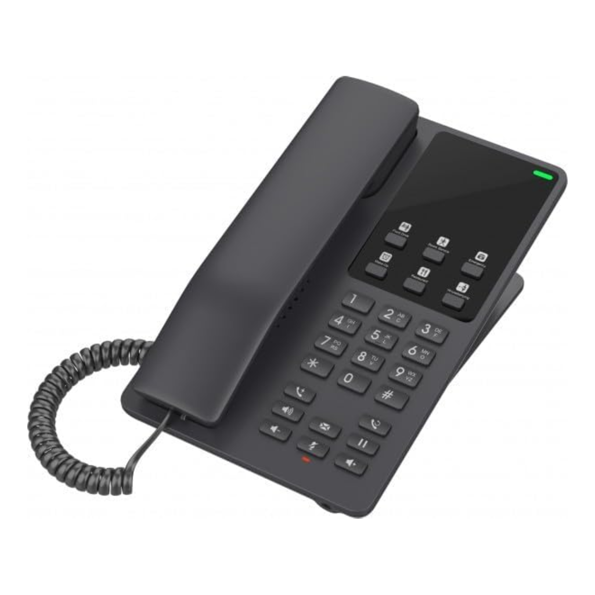 Un telefono fisso grigio con tastierino numerico e un piccolo schermo.