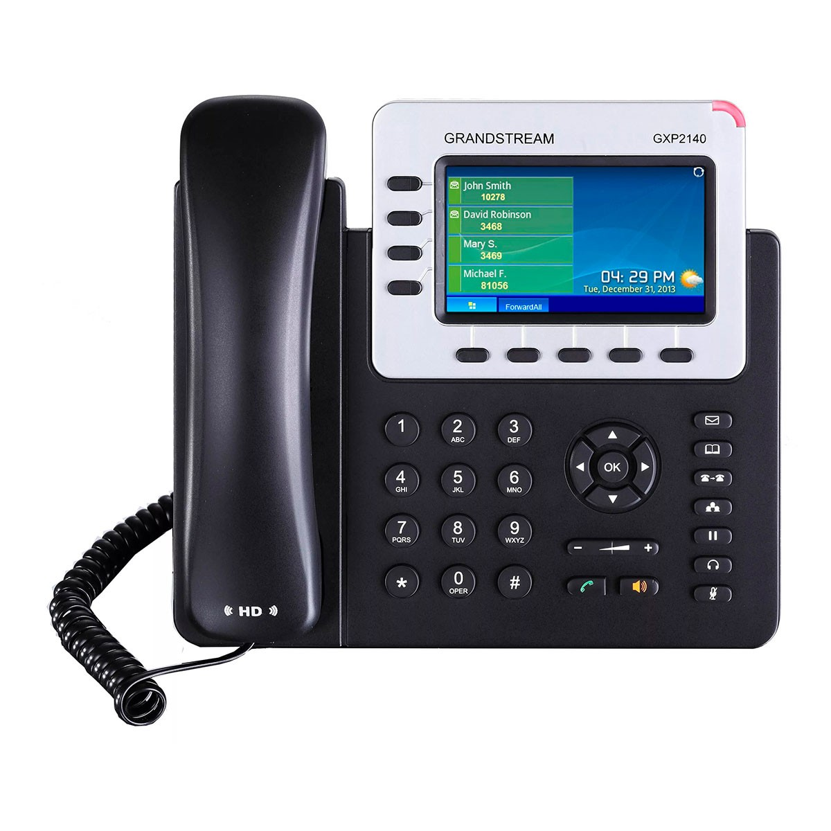 Czarny telefon IP Grandstream GXP2140 z kolorowym ekranem wyświetlającym kontakty i czas.