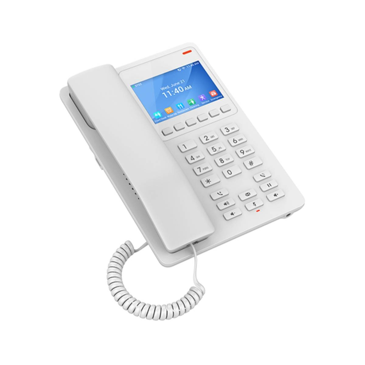 Un telefono da scrivania bianco con cornetta, tastiera e schermo a colori che mostra l'ora.