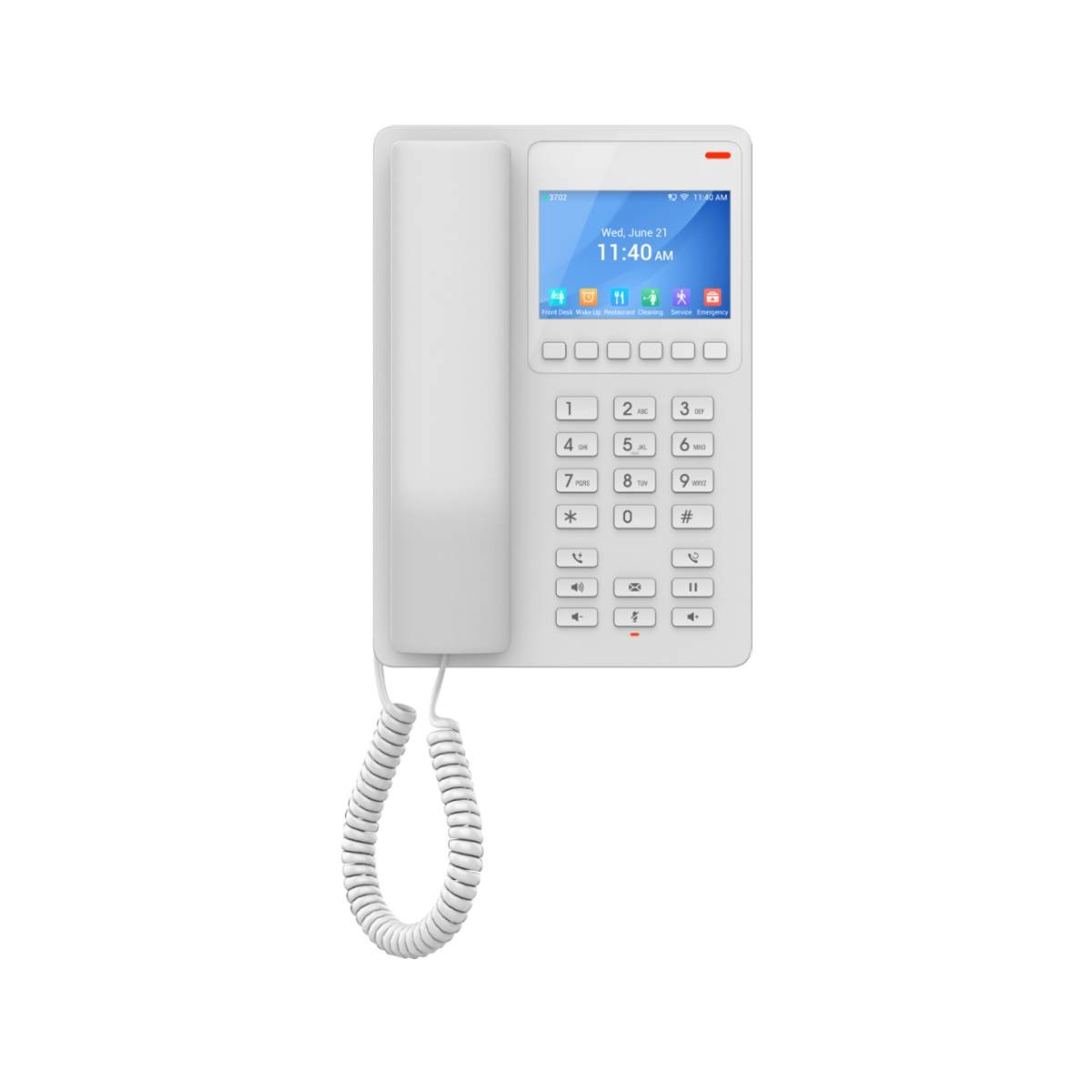 Un telefono da scrivania bianco con schermo che mostra data e ora.