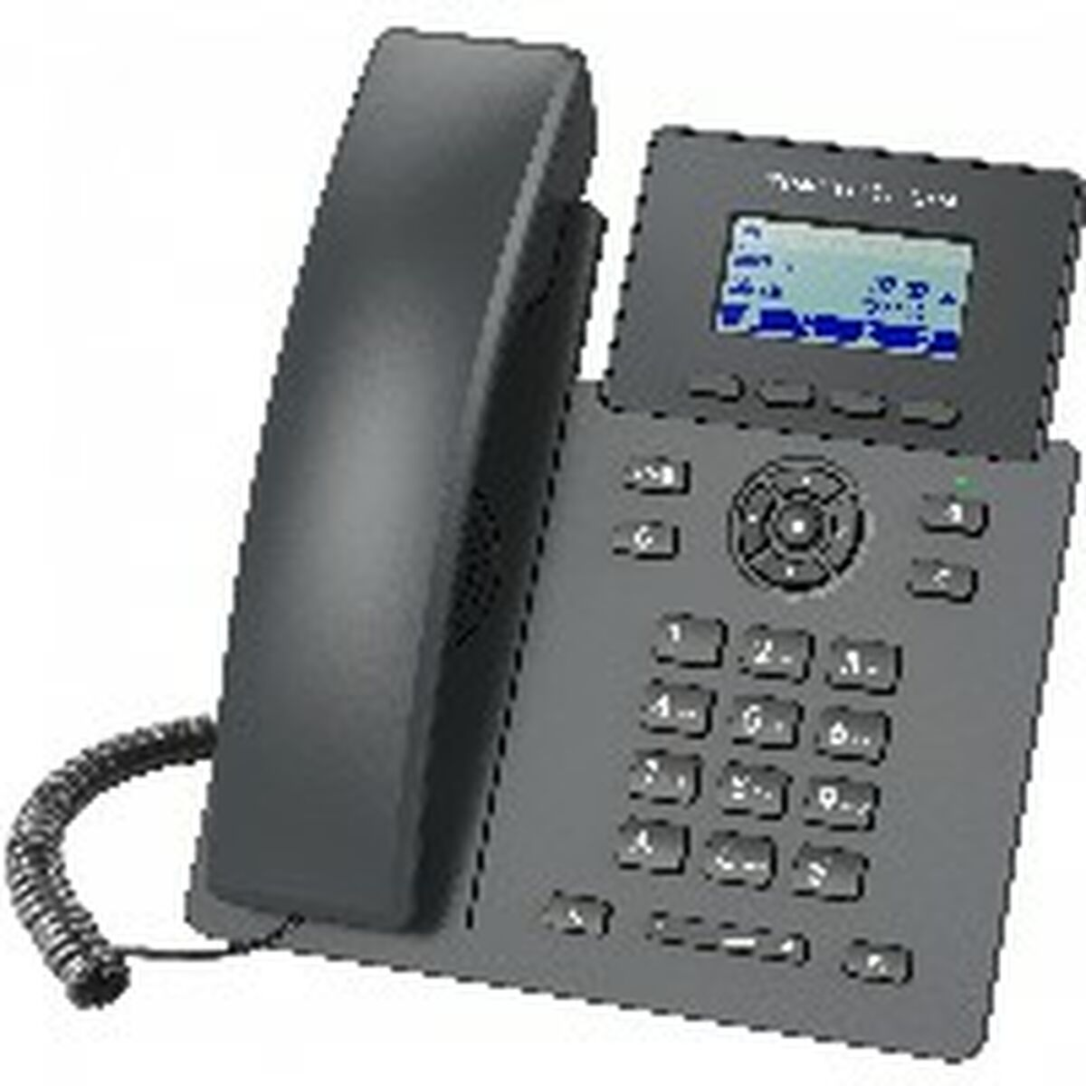 Un telefono da scrivania grigio con cornetta e schermo illuminato.