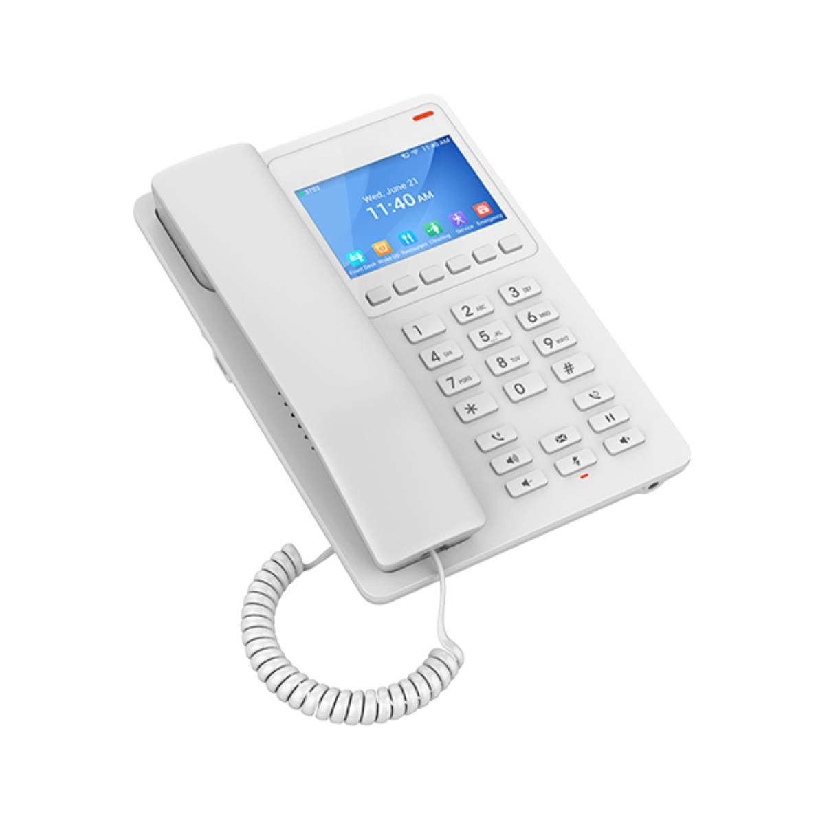 Un telefono da ufficio bianco con schermo e tastiera, su sfondo bianco.