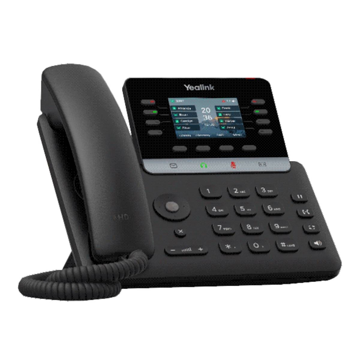 Un telefono da scrivania Yealink nero con cornetta, schermo a colori e tastierino numerico.