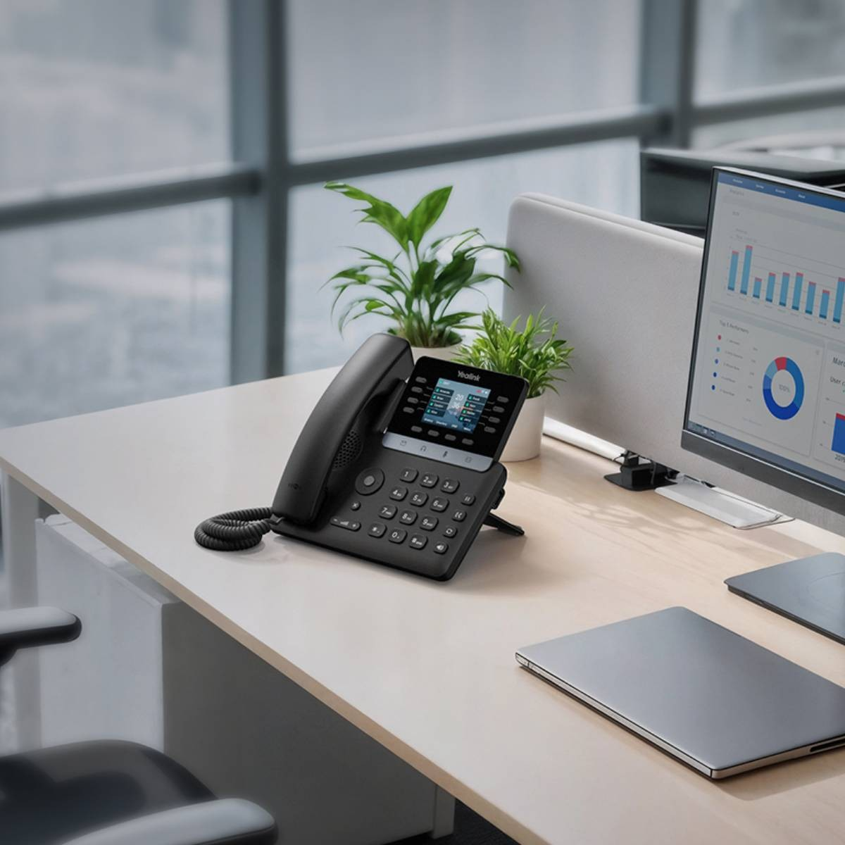 Un telefono da scrivania nero si trova su una scrivania accanto a un laptop e un monitor.