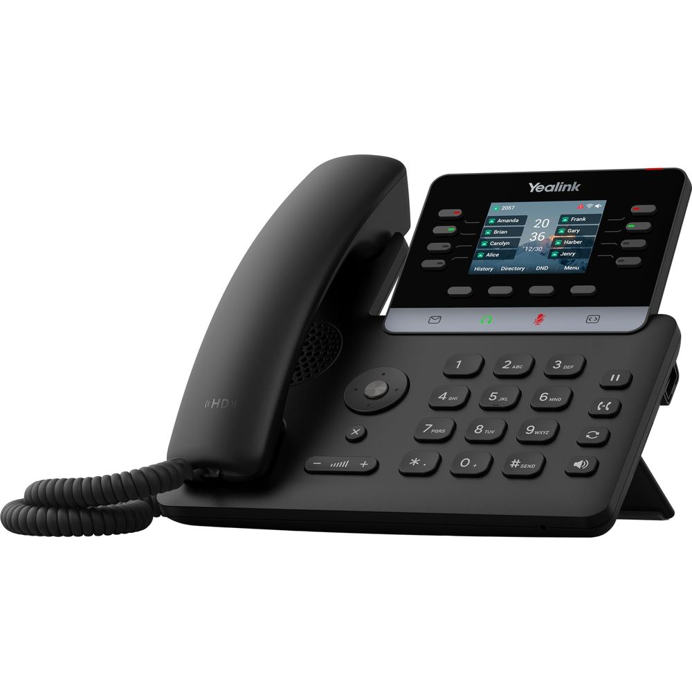 Un telefono da scrivania Yealink nero con cornetta e schermo a colori.