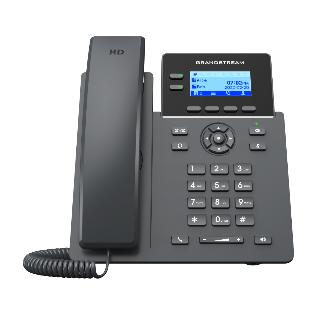 Un telefono da scrivania nero con cornetta HD e display illuminato.