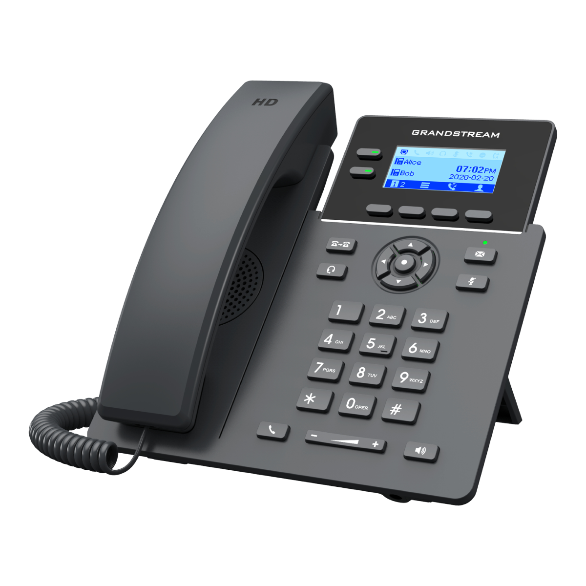 Un telefono da ufficio Grandstream grigio con cornetta HD e schermo LCD.
