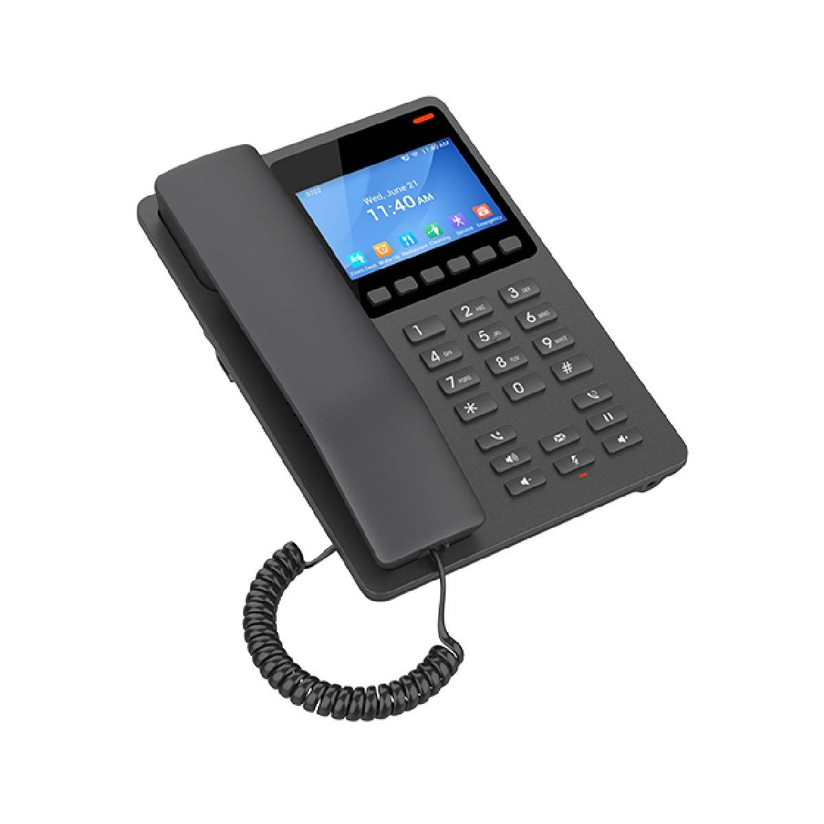 Un telefono da scrivania grigio con cornetta, schermo e tastiera.
