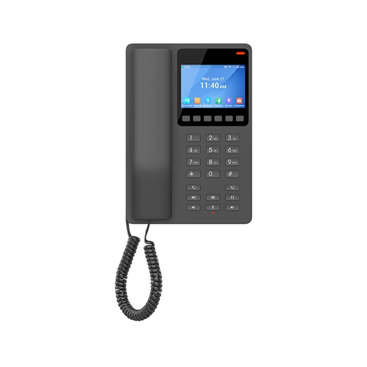 Un telefono da scrivania grigio con schermo a colori e tastiera.