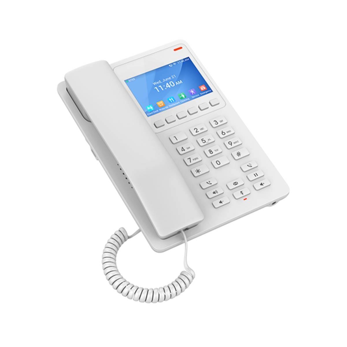 Un telefono da scrivania bianco con cavo a spirale per la cornetta e display digitale.