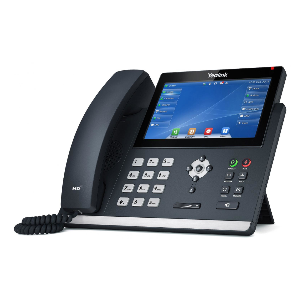 Un telefono da scrivania Yealink scuro con display touchscreen e tastiera.