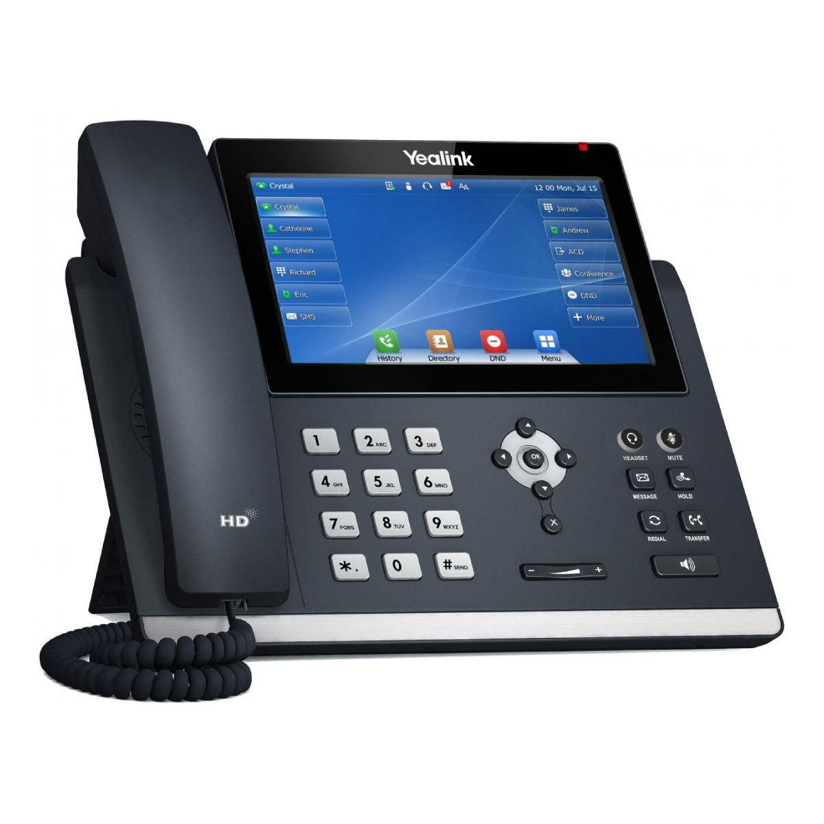 Un telefono da scrivania Yealink scuro con display touchscreen e tastiera.