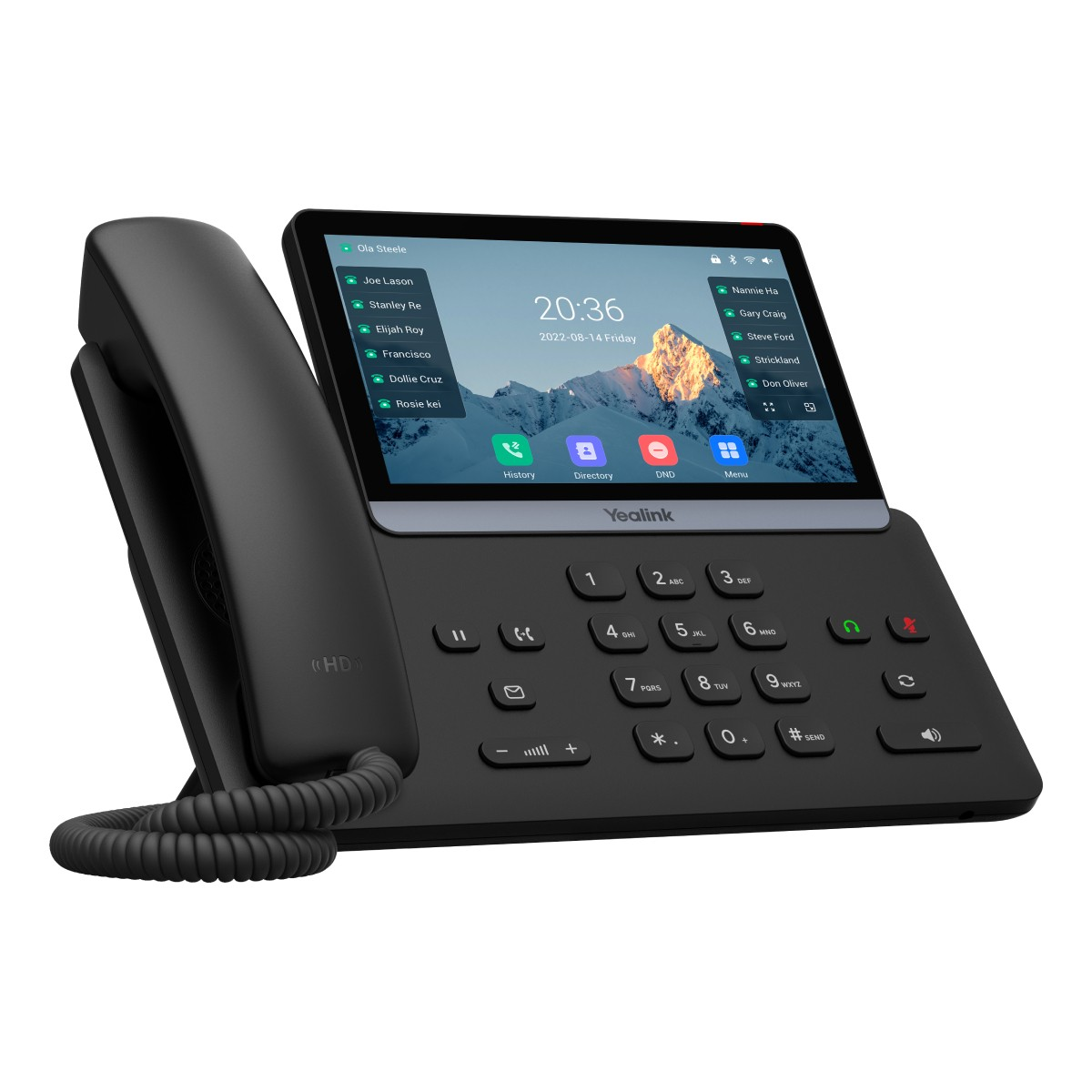 Un telefono da scrivania Yealink nero con ampio touchscreen che mostra contatti e ora.